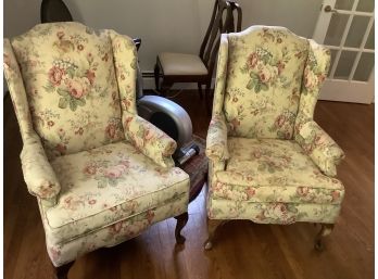 2 Colonial Style Wing Chairs, In Matching Upholstery, Some Cat Scratch On Back