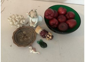 Eclectic Collectibles Lot - Angel, Green Glass Bowl W/ Faux Apples, Etc.