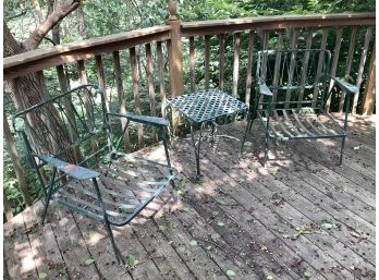 3 Piece Antique Iron Patio Set - 2 Chairs And Lattice Style Table - Nice Old Set