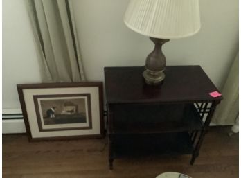 Mahogany Tiered Table With Lamp And Print Of Cats