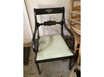 Antique Arm Chair W/eagle Painted On Back. Black W/ Padded Seat, Good Condition