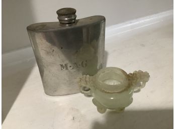 Small Antique Jade Bowl As Shown W/ Dragon Handles, And Antique Sheffield Whiskey Flask