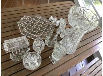 Antique & Vintage Clear Glass & Crystal Lot. Note: Cut Glass Pitcher Is As Is