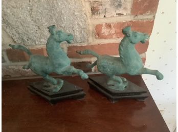 Pair Of Chinese Tang Horses, In Bronze, With Wood Bases, Nice Green Verdigre