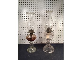 2 Complete Oil Lamps With Working Wick Adjusters, Burners