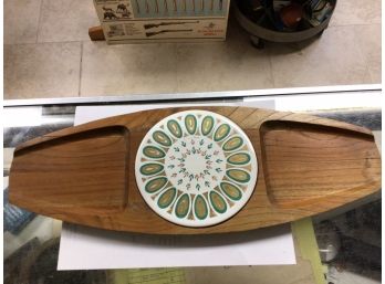 Mid Century Teak And Porcelain Serv Wood Cheese Serving Plate