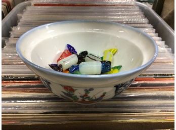 Signed Chinese Or Japanese Bowl With Glass Candies - Estate Found