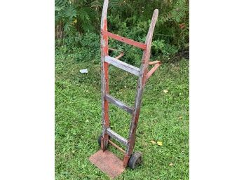 Antique Hand Truck In Old Ref Paint On Wood Rungs, Wheels Still Good, 42 Tall