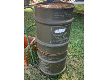 2 Empty 35 Gallon Metal Drums With Tops, In Military Green