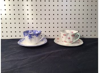 2 Shelley Brand Fine Bone China Teacups And Saucers, 'Dainty Blue' & 'Rosebud'
