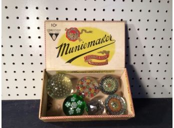 Lot Of 6 Very Nice Glass Paperweights In Muniemaker Cigar Box, Some Millifiori