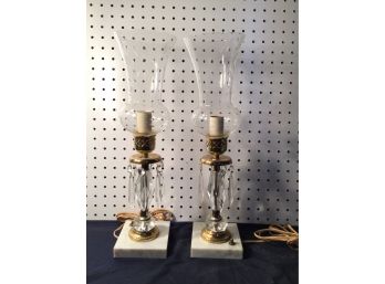 Two Nice Glass And Brass Bedside Lamps, Working Condition, Marble Bases, Prisms