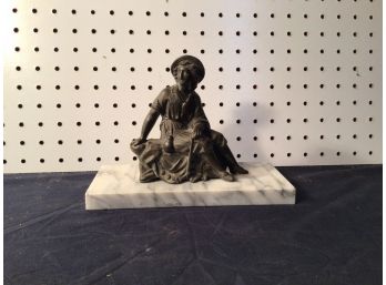 Victorian Cast Statue Of Woman Sitting On Rock, On Marble Base