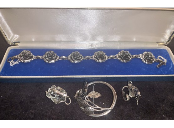 Danecraft STERLING SILVER Jewelry SET, Bracelet, Brooch & Earrings, Rose Motif