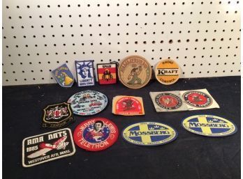 Lot Of 15 Misc Stickers And Patches, Mossberg Gun Stickers, Various Patches, Beer Coaster