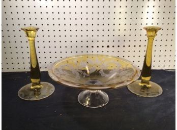 Yellow Glass Display Bowl And Candlesticks