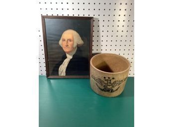 George Washington Framed With Federal Eagle Style Crock