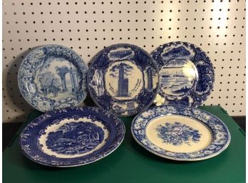 Grouping Antique Flow Blue And English Staffordshire Plates, 5 In All, All Excellent Condition