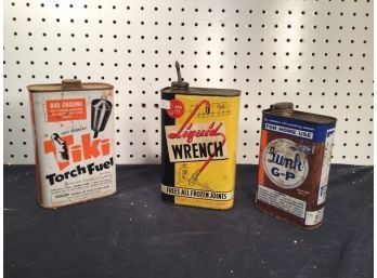 Lot Of 3 Advertising - Full Cans. Tiki Torch Fuel, Liquid Wrench, & Gunk, Nice Graphics On Each