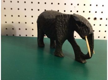 Antique Carved Wood African Elephant Figure W/ Carved Ivory Tusks