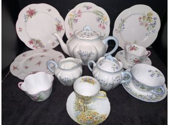 SHELLEY China - 14 Pieces, Teapot, Sugar & Creamer, Cups, Saucers, & Plates, Superb!!
