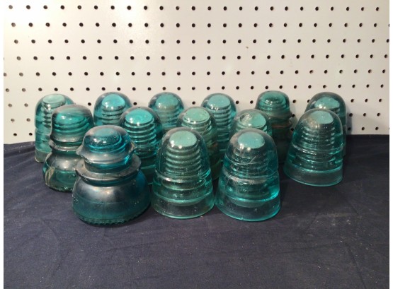 Collection Of Aqua Color Glass Insulators - Vintage - Lot Of 14