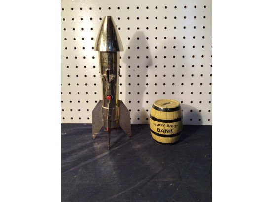 Two Nice Vintage Coin Banks. Astro Metal Rocket Bank And J. Chein Barrel Bank - All Moving Parts Still Work