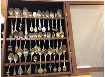 Display Case Filled With Souvenir Spoons, Wood Case, With Glass Window