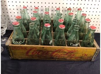 Antique Coca-Cola 24 Bottle Case, Wood, In Original Yellow, With 24 Bottles Included