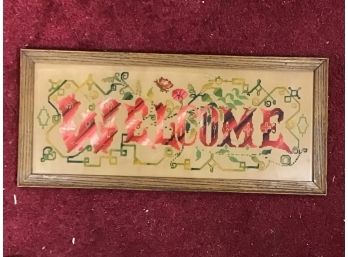 Antique Victorian Era Hand Stitched WELCOME Motto Sign Framed Wall Hanging