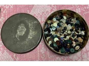 Antique Bakery Tin Full Of Vintage Buttons, 7 Diameter, You Get The Tin & The Buttons
