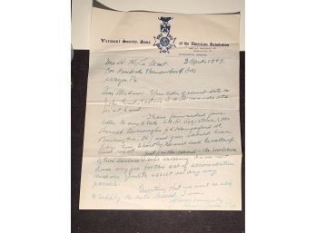 Letter From Vermont Society, Sons Of The American Revolution Dater 1949