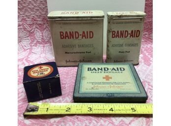 Three Vintage Band Aid Tins & Small Box Of Vintage Red Cross 1 In. Bandage