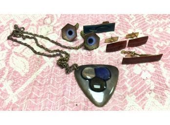 Mid Century Modern Tie Clip, Cuff Links, And Pendant