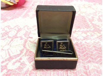 Silver And Gold Cuff Links And Tie Clip