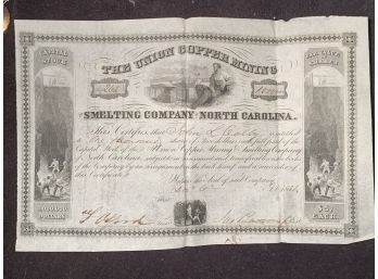 Stock Shares The Union Copper Mining & Smelting Co., Firca 1854, North Carolina