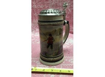 Nice German GERZ Beer Stein, With Fishing Scene & Pewter Lid With Fish Atop