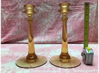 Pair Of Depression Glass Candle Stick Holders