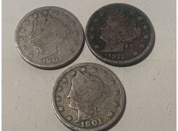 3 U.S. Coins - V Nickels, Two 1901, One 1912. Shipping Is Available