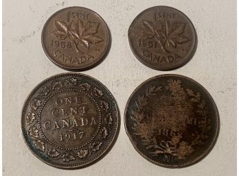 4 Old Canadian Coins, Pennies, 1862, 2917, 1951& 1958. Item Is Shippable.