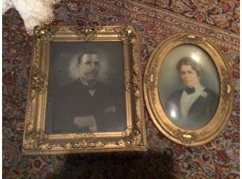 Antique Enhanced Photos Of Grampa And Grandma, In Gilt Frames, 27'x23' Frame On Him