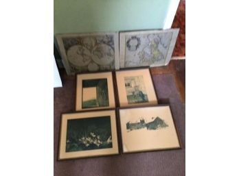 Group Of Prints - Includes 2 Map Prints, And 4 Framed Wyeth Prints.
