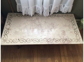 Antique Inlaid Marble Top Coffee Table, Italian Marble With Nice Inlay, Wood Base