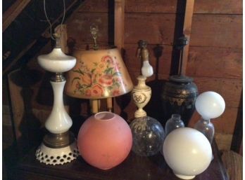 Antique LAMPS And LAMP SHADES - Nice Early Pink Shade, Onyx Based Lamp, Etc.