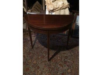Antique Solid Mahogany Demilune Table With Extending Leg, String Inlaid