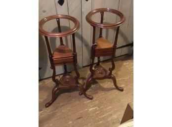 PAIR Of Antique Round-Top Stands, Single Drawers, Matching. No Glass.