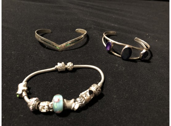 3 Silver Bracelets - Pandora Style And 2 Mexican Alpaca Silver Cuffs W Stones - SHIPPABLE