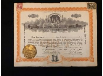 Synthetic Chemical Company C1916 Stock Certificate - Shippable