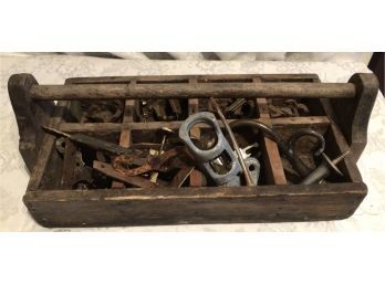 Mix Of Wall Hooks And Hardware In Antique Wood Carrier