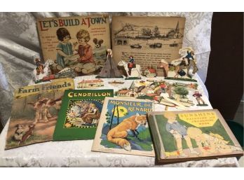 Antique Childrens Book Lot And Paper Cut Out Play Book